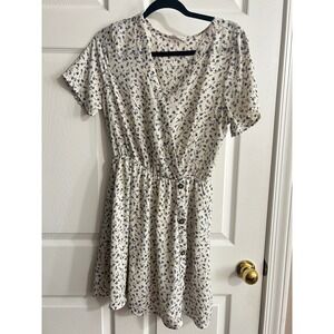 Sienna Sky Cream Blue Floral Print Short Sleeve Button Front Wrap Dress Size L